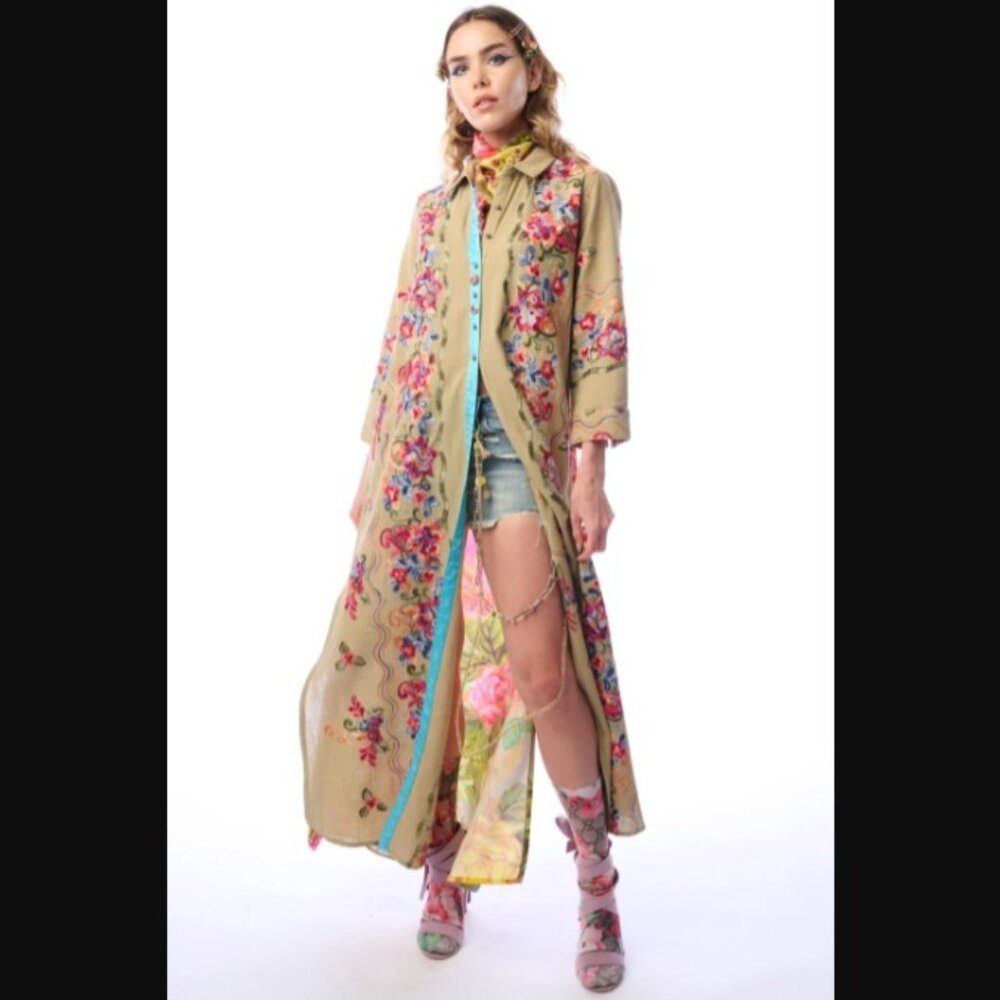 Aratta Multicolor Embroidered Beauty Mark Maxi Duster Button Down sz XL  NWT